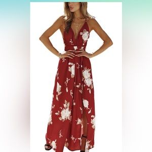 Women's Strap Floral Print Lace Up Backless Deep V Neck Beach Maxi Dress